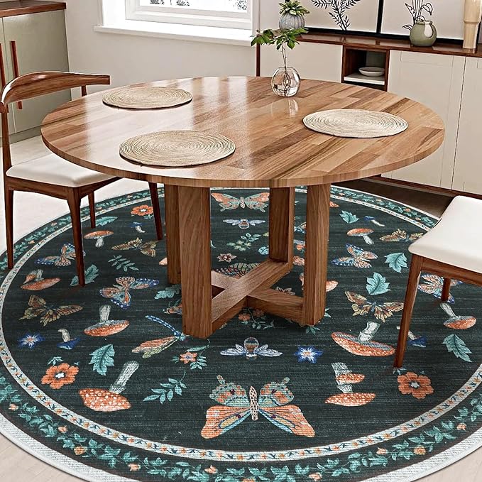 Mushroom Insect 4ft Round Rug Washable Non-Slip Soft Ultra-Thin Small Boho Circle Carpet for Entryway Kitchen Bedroom Nursery Dining Room Black