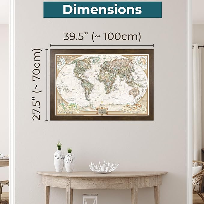 Push Pin Travel Maps Customizable Wall Art - Executive World - Rustic Brown - Personalized Framed Pin Map, Includes 150 Pins - Handcrafted in USA - 27.5" x 39.5"