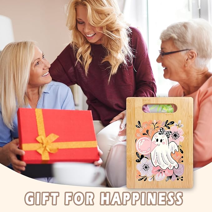 SPBL&L Halloween Floral Pink Ghost Cutting Board, Halloween Gifts for Women, Ghost Kitchen Decor, Coquette Spooky Season Decorative Bamboo Cutting Chopping Board for Kitchen