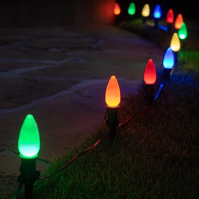 25’ OptiCore LED Multicolor Smooth/Opaque Pathway Christmas Lights, C9 Outdoor Driveway Lights, 5” Stakes, Green Wire