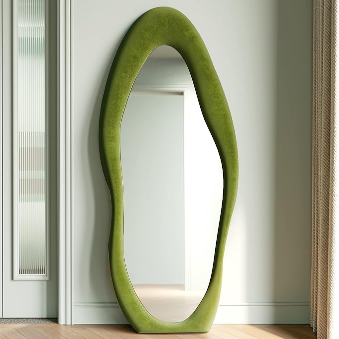Honyee Full Length Mirror, 63" x 24" Wall Mirror, Flannel Wrapped Wooden Frame Floor Mirror, Irregular Wavy Mirror Hanging or Leaning Against Wall for Cloakroom/Bedroom/Living Room, Green