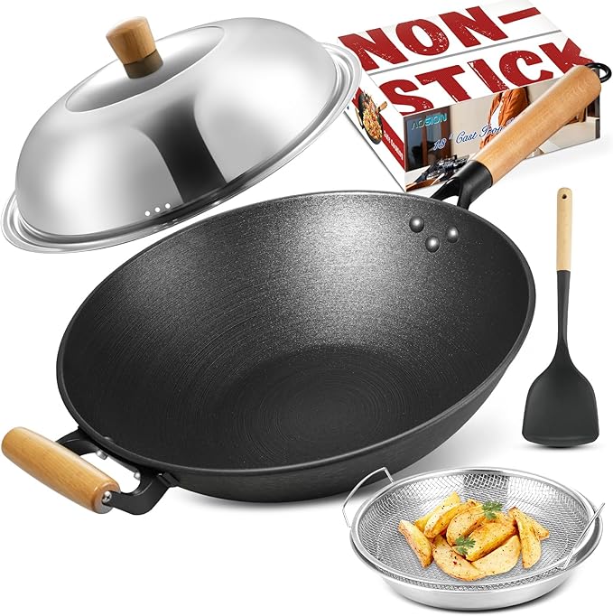 AOSION 13'' Nonstick Wok, Cast Iron Wok with Lid, 5 PCS Wok Pan & Stir-Fry Pans Set with Oil Filter Tray and Spatula, No Chemical Coated Flat Bottom Chinese Woks Pan for All Stoves