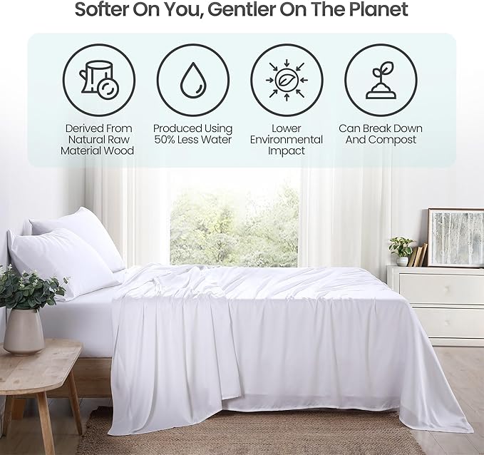 100% Eucalyptus Tencel Lyocell Sheet Set, Silky Soft & Smooth Cooling Sheets for All-Season, Sustainably Made, Moisture-Wicking, Hypoallergenic - Cal King, White
