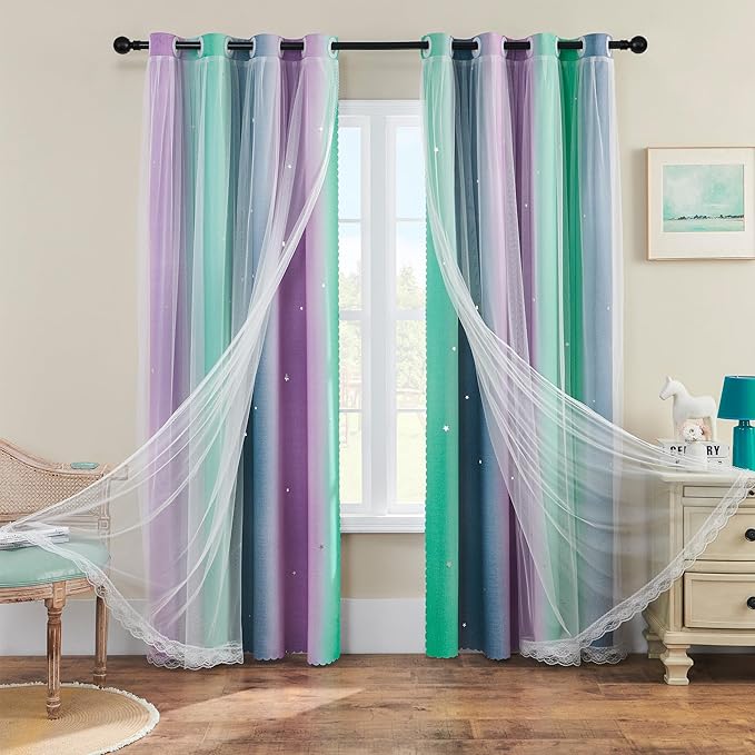 XiDi Purple Rainbow Curtains for Kids' Bedroom - Grey Green, 72x34 in, 1 Panel