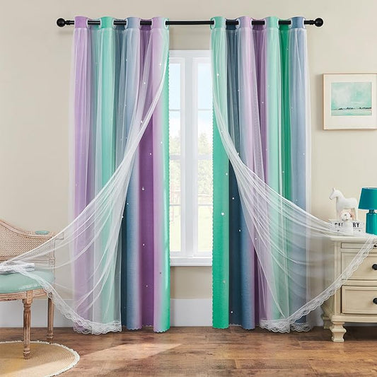 XiDi Purple Rainbow Curtains for Kids' Bedroom - Grey Green, 72x34 in, 1 Panel