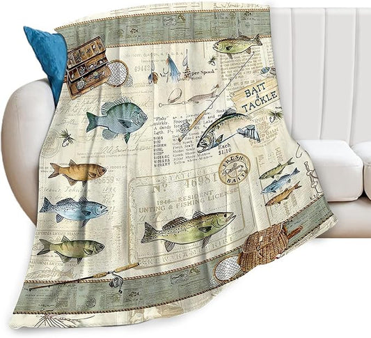 Fishing Blanket Fishing Gifts for Men Fish Throw Blanket Fishing Blanket for Kids Adults Soft Warm Cozy Fleece Blanket for Couch Sofa Bed 50"x60"