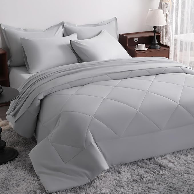 NTBAY King Comforter Set with Sheets, 7 Pieces Soft and Breathable King Bedding Set, Bed in a Bag, Down Alternative Comforter Set Solid Color All Season, King Bedding Set, Light Grey
