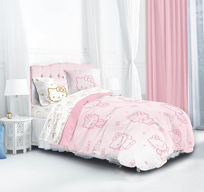 Jay Franco Hello Kitty Queen Comforter Set - 7 Piece Bedding Includes Sheet Set & Pillow Covers - Super Soft Pink Bedding