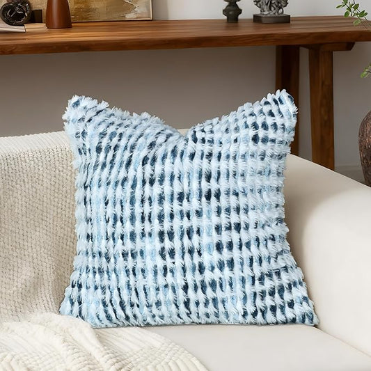 Boho Chenille Tufted Pillow Cover 24x24 Inch Set of 1, Farmhouse Striped Decorative Pillow Covers Accent Fluffy Neutral Square Pillowcases for Couch Sofa Bedroom Living Room, Blue White