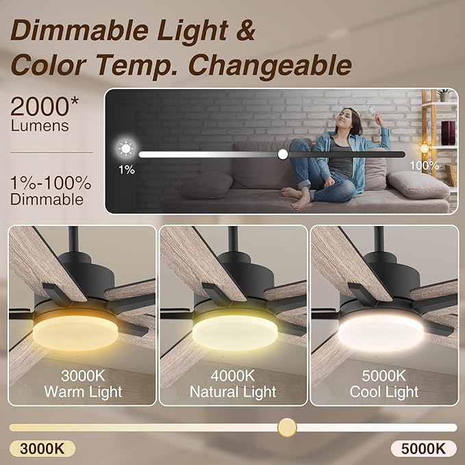 52” Smart Ceiling Fan with Lights Remote,Ultra Silent DC Motor,Control via Alexa Google Voice App WiFi,Outdoor Indoor Modern Ceiling Fans for Bedroom Patio Porch,Dimmable,Black Walnut Brown