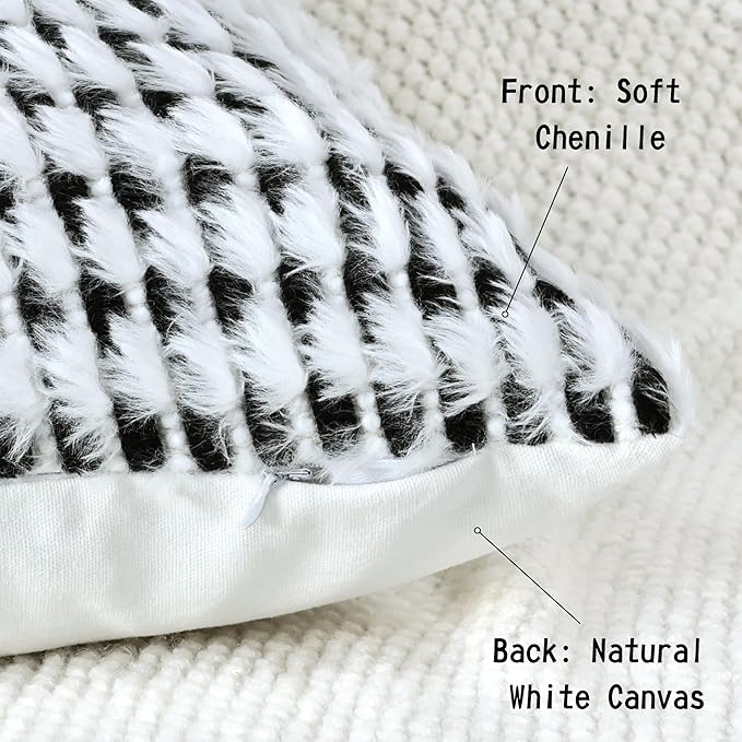 Boho Chenille Tufted Pillow Cover 18x18 Inch Set of 1, Farmhouse Striped Decorative Pillow Covers Accent Fluffy Neutral Square Pillowcases for Couch Sofa Bedroom Living Room, Black White