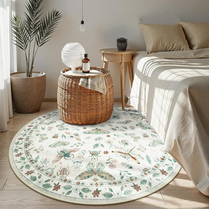 Lahome Insect Washable Round Rugs, Non-Slip Soft Round Rug 4ft Ultra-Thin, Small Boho Circle Carpet for Entryway Kitchen Bedroom Nursery Bathroom, Beige