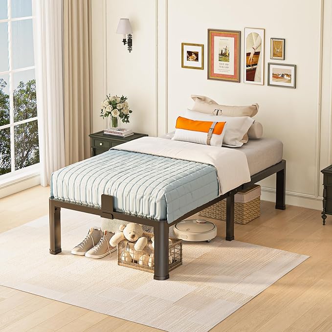 14 inch Twin Bed Frame with Round Corner Legs Mattress Slide Stopper,3500 lbs Heavy Duty Metal Platform,No Box Spring Needed,Steel Slat Support,Easy Assembly,Noise Free