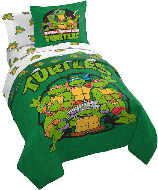 Jay Franco Nickelodeon Teenage Mutant Ninja Turtles Green Bricks 7 Piece Bed Set-Includes Reversible Comforter & Sheet Set Bedding-Super Soft Fade Resistant Microfiber Official Nickelodeon Product
