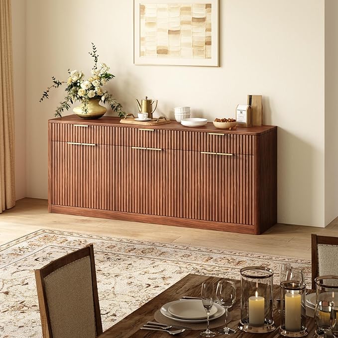 Evermagin 67" Fluted Walnut Sideboard Buffet Cabinet with 3 Drawers, Modern Credenza with Storage, Console Coffee Bar Cabinet for Kitchen, Living Room and Entryway (67" W x 31.5" H x 15.7" D)