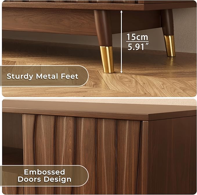Mid-Century Modern TV Stand and Glass Display Cabinet Entertainment Center Set Media Console with Wine Cabinet Lighted Showcase Storage and Drawers for Living Room Office (102" W 2-Piece Set - AC)