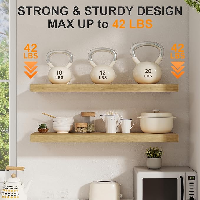 40 Inch Floating Shelves Set of 2, 8 Inch Deep Wall Shelf, Rustic Wood Storage Shelves for Bedroom, Kitchen, Bathroom, Wall-Mounted Shelf with Invisible Brackets for Books|Storage|Decor, Oak