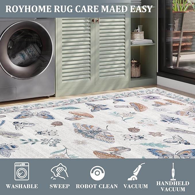 Mushroom Washable 8x10 Rug for Living Room Non Slip 8 x 10 Rug for Bedroom with Rubber Back Soft Low-Pile Stain Resistant Foldable Large Carpet for Office Nursery Dining Room Beige