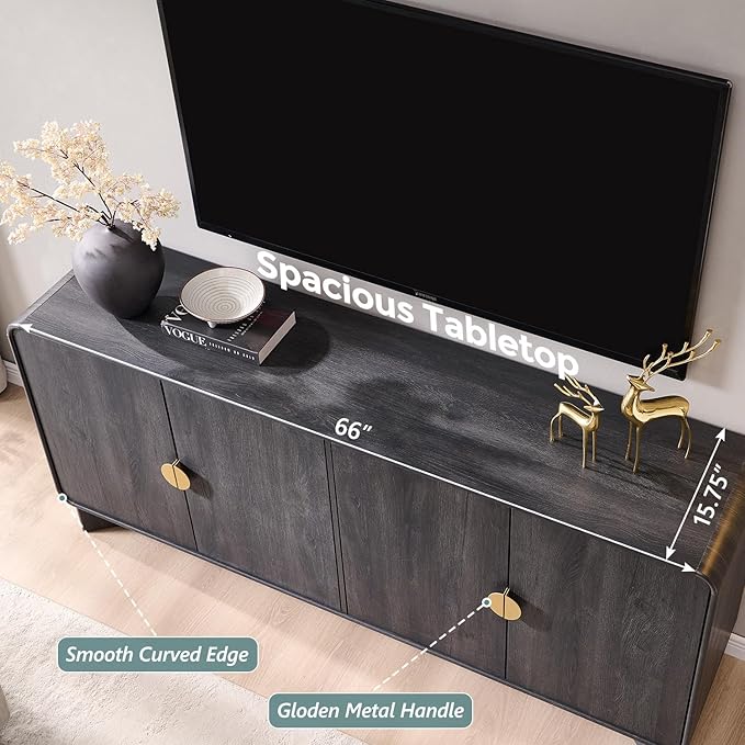 Modern Buffet Cabinet with Storage, 70" Large Sideboard Buffet Storage Cabinet with 4 Doors and Adjustable Shleves, Wooden Curved Coffee Bar for Dining Room, Kitchen, Living Room, Dark Grey