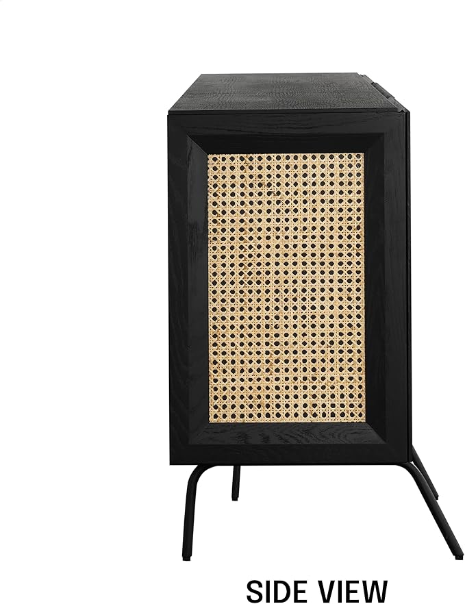 NTC MOSSIC Large Sideboard with 2 Doors and 3 Drawers, Buffet Cabinet with Natural Rattan and Metal Legs, Modern Storage Cabinet for Living Room, and Hallway, Effortless Assembly - Burnt Black