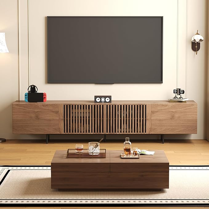 Mid-Century Modern TV Stand & Expandable Coffee Table Set, Walnut Finish, Stylish Storage Combo for Living Room or Bedroom (94.48“TV Stand+Coffee Table)