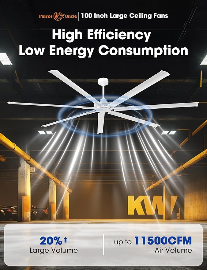 100 Inch Industrial Ceiling Fans with Remote, Modern White Large Ceiling Fans without Lights for Living Room Shop Garage, 6-Speed Reversible DC Motor, Timer, Indoor Outdoor Used, Ventilador De Techo