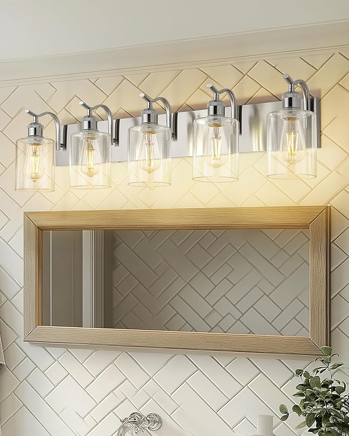5 Light Bathroom Vanity Light, Brushed Nickel Vanity Lights for Morden Bathroom Lighting Fixtures Over Mirror Wall Light Fixtures with Clear Glass Shade ZCVL01BN-5