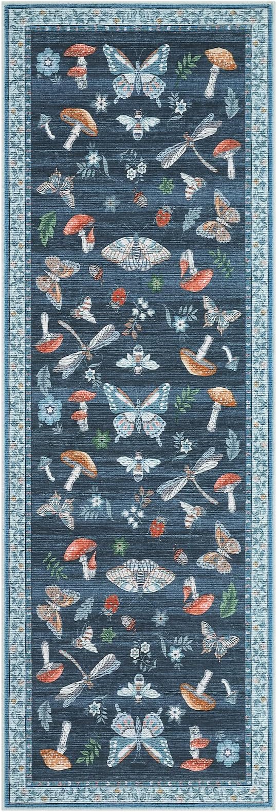 Mushroom Insect Rug 2x6 Runners for Hallways, Boho Kitchen Runner Rugs Non Slip Bath, Modern Washable Rug for Bedroom, Soft Long Rugs for Entryway Bathroom Laundry Dorm, Blue