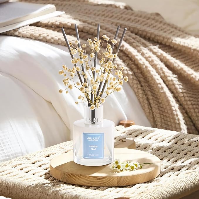 Airkeep Reed Diffuser Set,3.38 fl oz (100 ml) - Freesia Pear Oil Diffusers with 8 Reed Sticks, Home Fragrance Reed Diffuser for Bathroom Shelf Decor