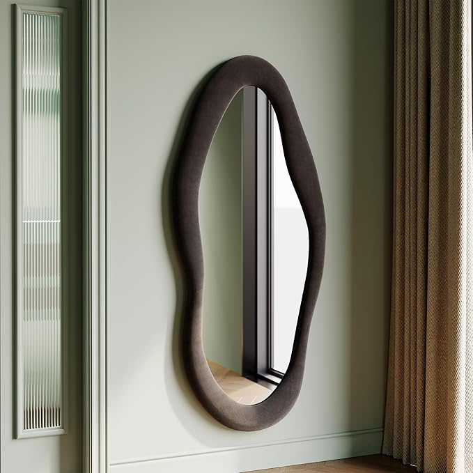 Honyee 55" x 24" Wavy Mirror, Flannel Wrapped Wooden Frame, Irregular Hanging for Cloakroom/Bedroom/Living Room, Black