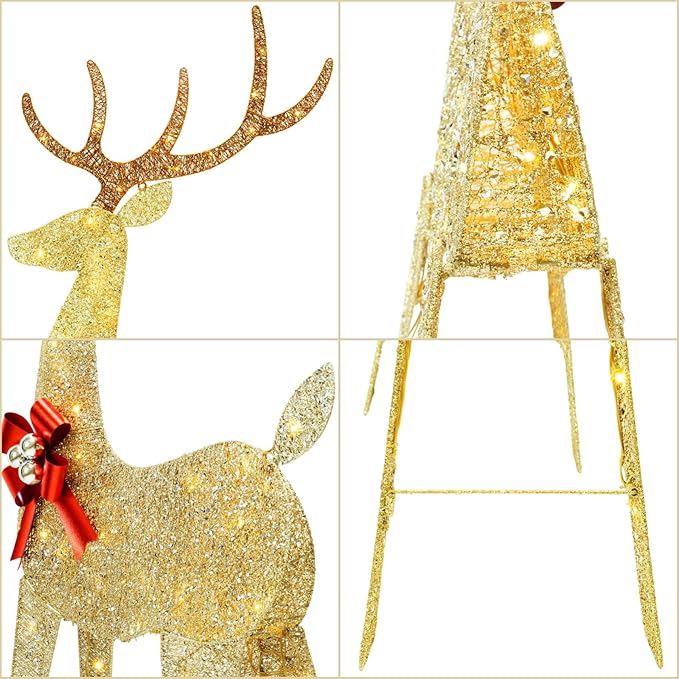 YULETIME 3-Piece Pre-lit 2.5D Christmas Reindeer Family, Lighted Glitter Deer Holiday Decoration With Warm White LED Lights