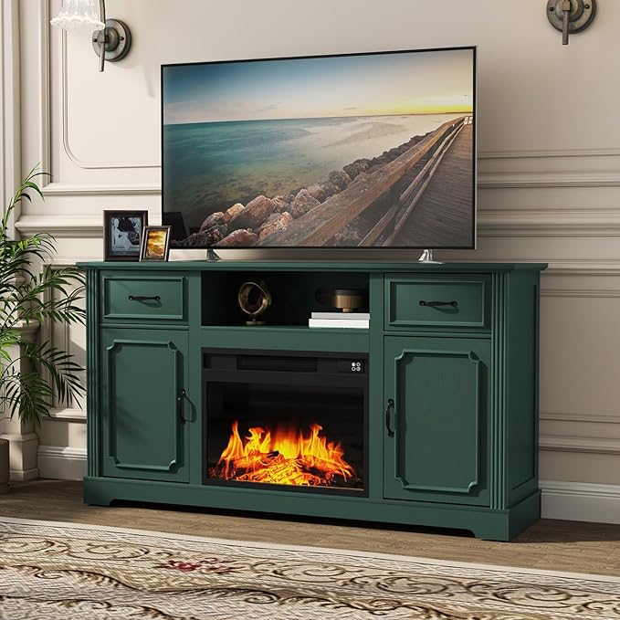 ARTPOWER Fireplace TV Stand for TV up to 65'', Consoles Cabinet with Adjustable Shelves, Modern Entertainment Center with Storage for Living Room, Green