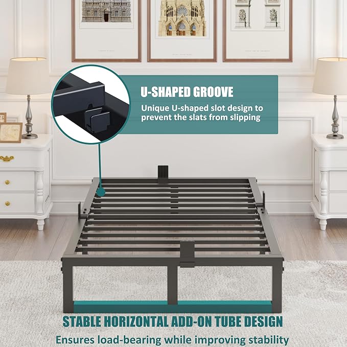 10 inch Full Size Bed Frame Low Profile Metal Platform Frames with Mattress Slide Stopper,Heavy Steel Slats Support,No Box Spring Needed,Noise Free,Non-Slip,Easy Assembly