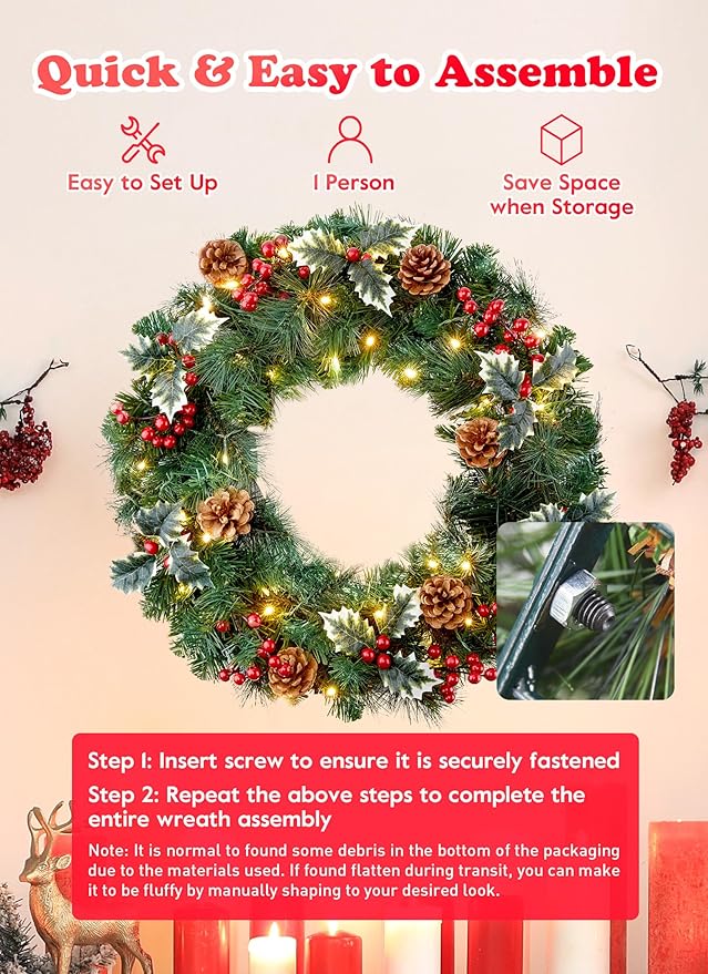 24 Inch Prelit Christmas Wreath for Front Door, Battery Operated LED Christmas Wreath with Pine Needles Branches Hari Leaves Red Berry Pine Cones, Lighted Wreath Wall Windows Decoration