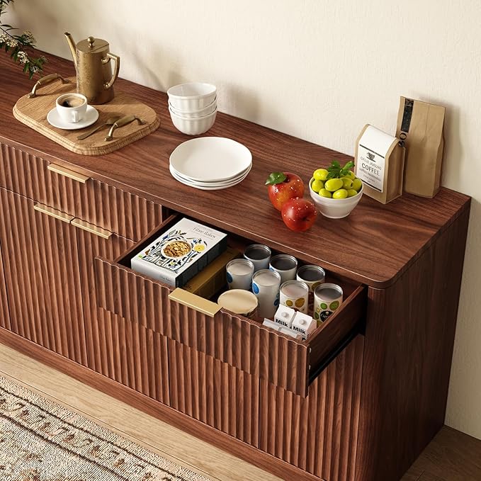 Evermagin 67" Fluted Walnut Sideboard Buffet Cabinet with 3 Drawers, Modern Credenza with Storage, Console Coffee Bar Cabinet for Kitchen, Living Room and Entryway (67" W x 31.5" H x 15.7" D)