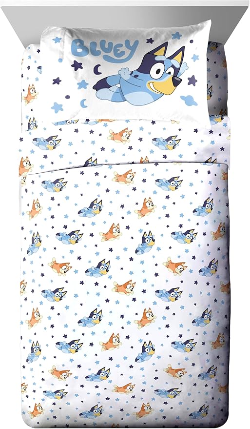 Jay Franco Bluey & Bingo Full Comforter Set - 7 Piece Bed Set Includes Sheet Set & Pillow Covers - Super Soft Clouds & Stars Kids Bedding