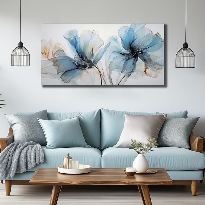 Floral Canvas Wall Art for Office Big Wall Decor for Bedroom Women Blue and White Wall Decor for Living Room Size 24 x 48 Inch
