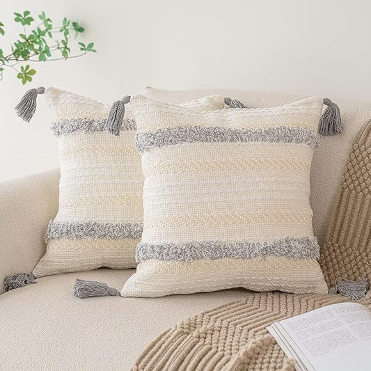 Boho Throw Pillow Covers 20x20 Set of 2 Woven Tufted Farmhouse Pillows Cover with Tassels Textured Striped Cushion Case Neutral Pillow Cases Decorative Pillowcase for Sofa, Couch, Bed, Light Grey