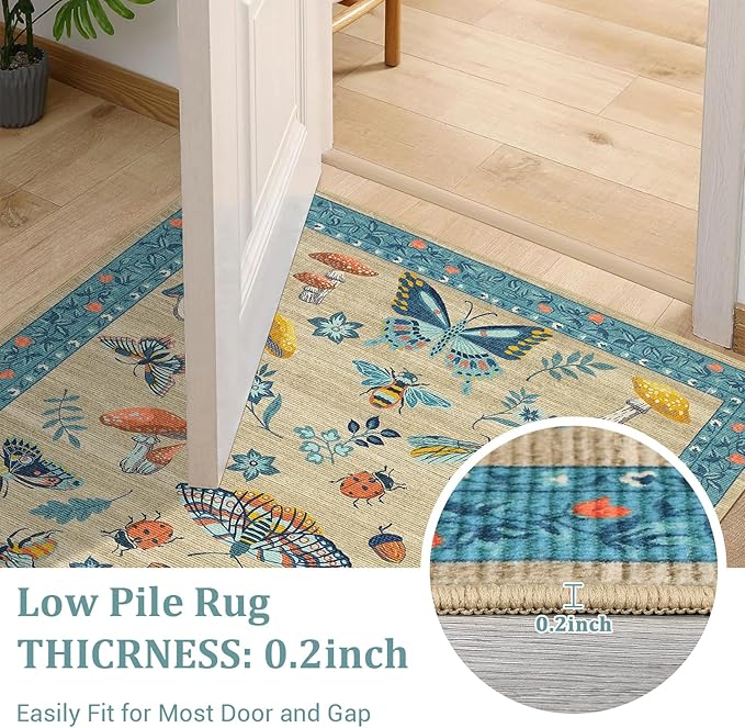 Mushroom Insect 2x6 Runner Rug for Hallway Washable Kitchen Rugs Non Slip with Rubber Back Khaki Blue Low-Pile Stain Resistant Indoor Carpet for Entryway Bathroom Laundry Dorm