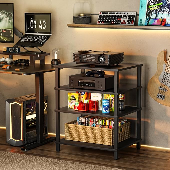 4-Tier AV Media Player Stand, Black Stereo Cabinet, Modern Stereo Cabinet, Wooden TV Stand,Game Console Shelf, Multifunctional Entertainment Center, Suitable for Home, Conference Room, Game Studio
