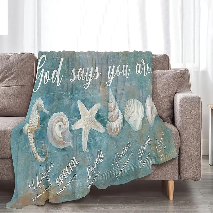 Tijuboni Ocean Seashells Throw Blanket - God Says You are - Beach Nautical Gifts for Women Men Girls Boys Kids Adults Soft Flannel Fleece Blanket for Couch Sofa Bed Home Decor 60"x80"