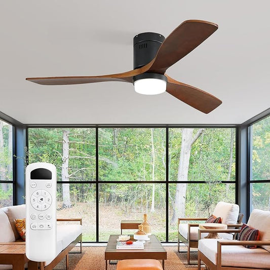 Sofucor 52 Inch Solid Wood Low Profile Ceiling Fans with Lights and Remote, Dimmable Outdoor Ceiling Fan with Light 3 Walnut Blades Ceiling Fan, Reversible DC Motor Timer for Patio Bedroom Living Room