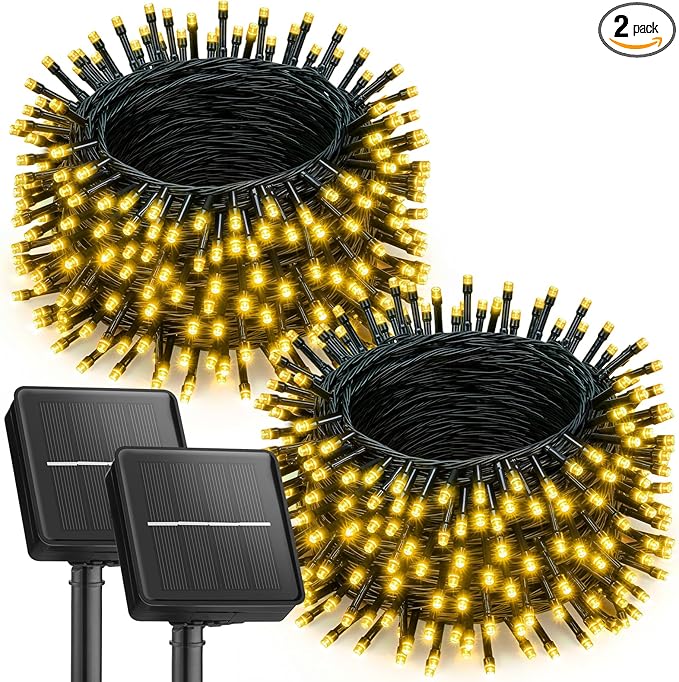Brightown 2 Pack Solar Christmas Lights, Total 92FT 240 LED Solar String Lights Outdoor Waterproof Green Wire with 8 Modes, Solar Fairy Light for Garden Yard Patio Party Decors, Warm White