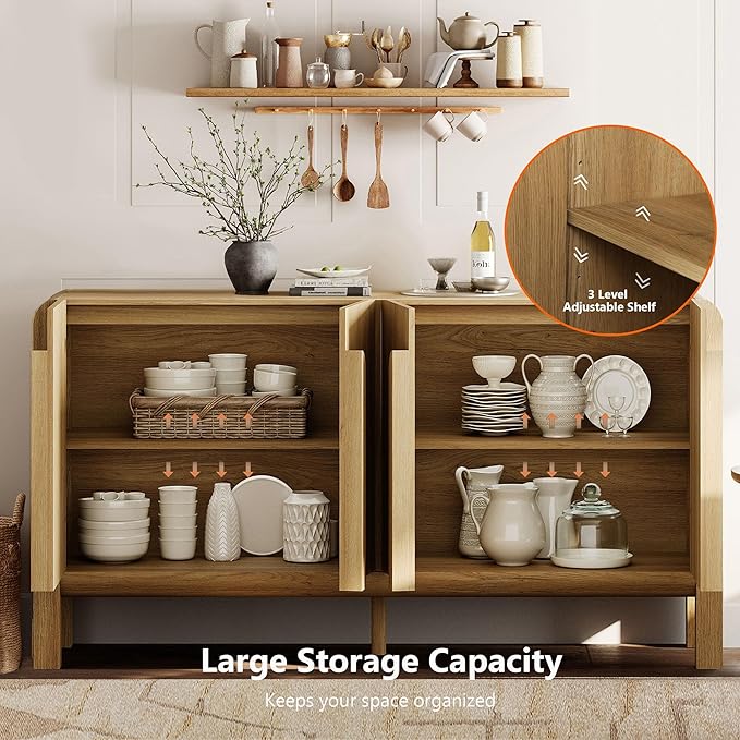 WAMPAT 63" W Large Buffet Sideboard Cabinet with Storages, Modern Buffet Table Coffee Bar Wine Bar Storage Curved Cabinet with 4 Doors for Dining Room, Living Room, Kitchen, Light Walnut