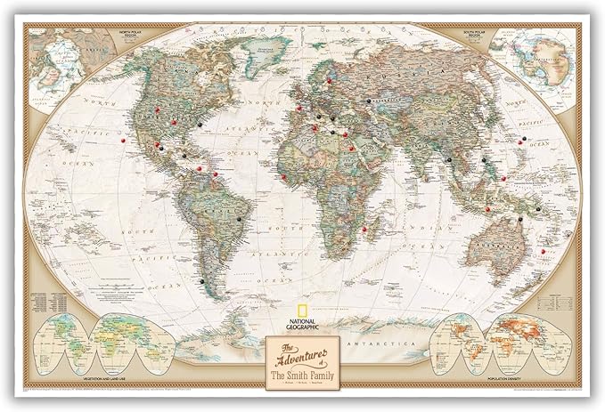Personalized Canvas Rolled Poster World Map Wall Art with Pins – Large 24" x 36" Executive Map of the World – Push Pin Travel Decor for Home or Office