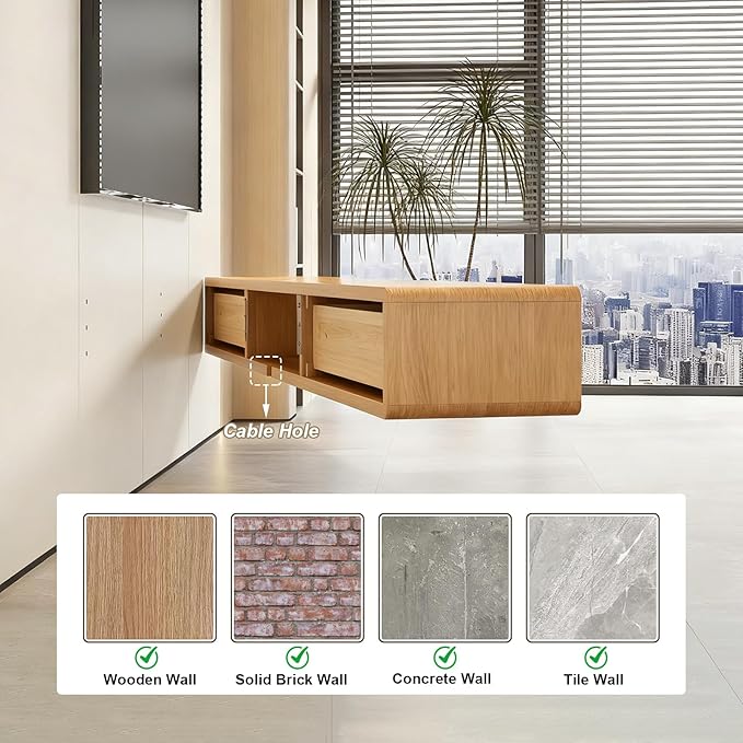 Solid Wood Floating TV Stand, Wall Mounted Entertainment Center with 2 Drawers, Floating TV Shelf for Living Room Bedroom & Office (Natural Wood, 55in)