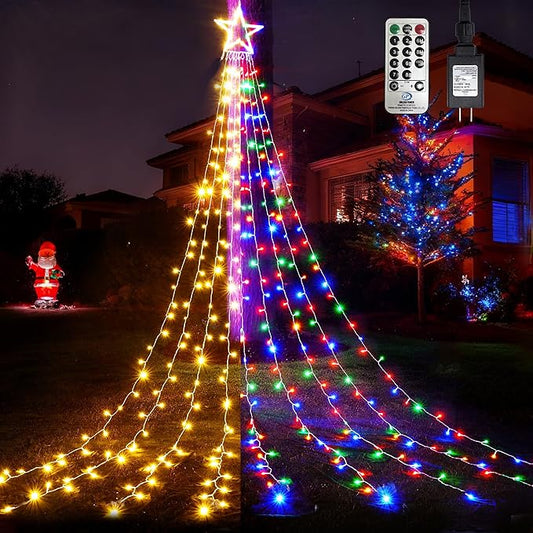 WBao Outdoor Christmas Decorations with Star Topper, 344 LED 11.9ft Color Changing Christmas Lights, Remote Control 11 Modes, Timer, UL Listed Waterproof for Tree Roof Porch, Warm White & Multicolor