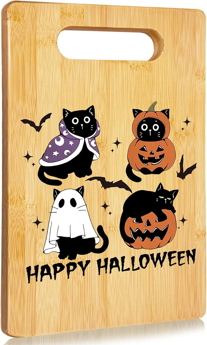 SPBL&L Halloween Black Cat Ghost Cutting Board, Cat Lovers Gifts for Women, Happy Halloween Kitty Spooky Pumpkin Decorative Bamboo Cutting Chopping Board for Kitchen