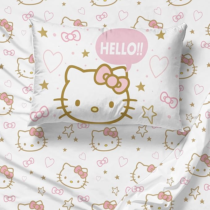 Jay Franco Hello Kitty Queen Comforter Set - 7 Piece Bedding Includes Sheet Set & Pillow Covers - Super Soft Pink Bedding
