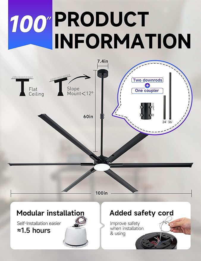 100 Inch HVLS Ceiling Fan with 6 Black Aluminum Blades,High CFM Ceiling Fan with Dimmable Light,24"/36" Downrod,Extension Coupler,6 Speed,Noiseless DC Motor Outdoor Covered Gym,Shop,Warehouse,Barn